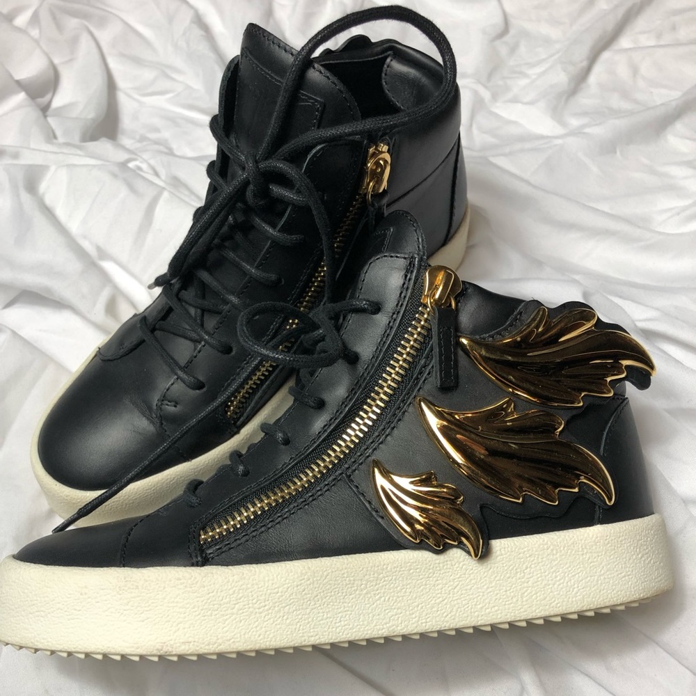 Giuseppe Zanotti Black Leather Gold Wing Nero High Top Shoe Sneaker 38 / 7.5